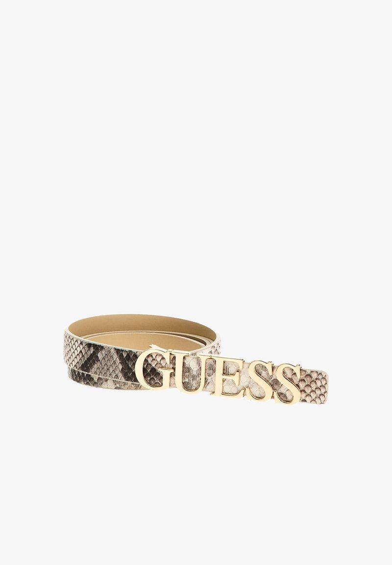 Snake-print belt in beige tones featuring a glossy gold-tone "GUESS" logo buckle, crafted from leather with a smooth interior finish.