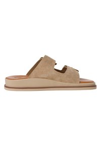 Beige suede slide sandal with a textured upper, open toe, and a contoured sole. Features two straps for adjustability and comfort.