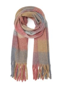 Écharpe en laine au motif plaid dans des nuances de rose, beige et gris, avec des extrémités à franges et une finition douce et texturée.