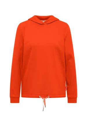 Heldere oranje hoodie met lange mouwen, een trekkoord aan de zoom en geribbelde manchetten, afgebeeld tegen een effen witte achtergrond.
