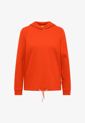 Heldere oranje hoodie met lange mouwen, een trekkoord aan de zoom en geribbelde manchetten, afgebeeld tegen een effen witte achtergrond.