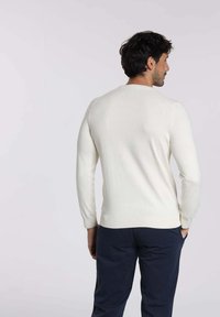 Pull en tricot crème avec des manches longues et des poignets côtelés, présenté de dos. Associé à un pantalon bleu marine. Texture lisse, design ajusté.