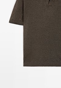 Brown short-sleeve knit sweater with a V-neck, shown from the midsection to the bottom hem on a white background.