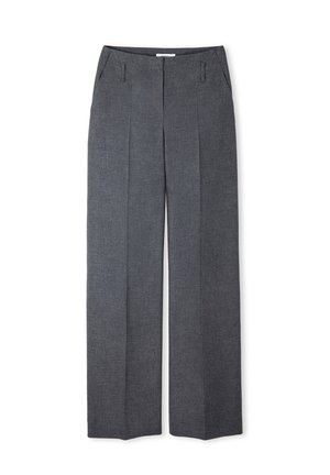 Pantalons gris ajustés avec une coupe décontractée, fabriqués à partir d'un tissu texturé. Comprend des poches avant et des plis à l'avant pour plus de détails.