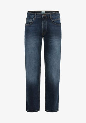 Mørkeblå herrejeans med afslappet pasform, fem lommer og falmning på lår og knæ, knap- og lynlåslukning foran i taljen.
