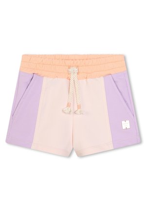 Shorts multicolores avec une taille élastique. Comprend des bandes rose pâle, lavande et pêche. Comprend des poches avant et un cordon de serrage.