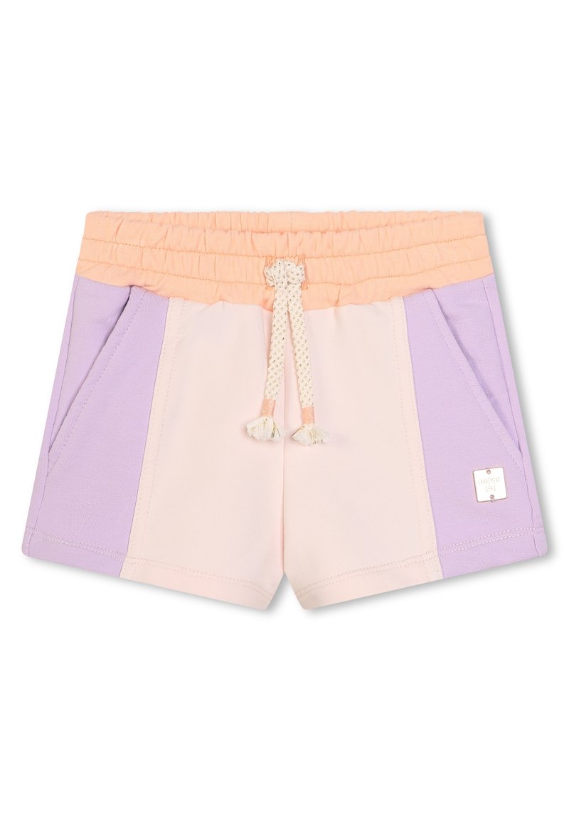 Shorts multicolores avec une taille élastique. Comprend des bandes rose pâle, lavande et pêche. Comprend des poches avant et un cordon de serrage.