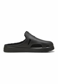 Crne slip-on clogs sa glatkom vanjštinom, mekanim unutarnjim obrubom, ventilacijskim otvorima sa strane i čvrstim potplatom za udobnost i potporu.