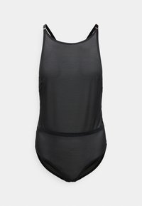 Costum de baie întreg negru, cu material neted și ușor. Are bretele subțiri și design cu spate decoltat. Stil minimalist, fără modele.