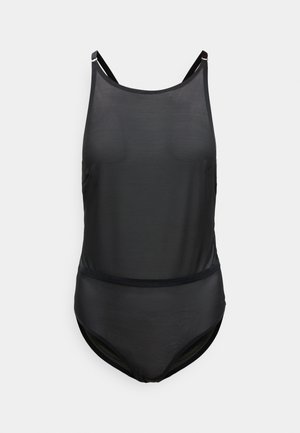 Μαύρο ολόσωμο μαγιό με απαλό, ελαφρύ ύφασμα. Διαθέτει λεπτές τιράντες και σχεδιασμό με χαμηλή πλάτη. Μινιμαλιστικό στυλ χωρίς σχέδια.