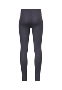 Dunkelgraue, enganliegende Leggings mit schlankem Schnitt, elastischem Bund und sichtbaren Nähten entlang der Rückseite und Seiten.