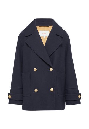 Granatowy dwurzędowy płaszcz morski z dużymi złotymi guzikami, z klapami typu notched, dwoma przednimi kieszeniami i podwiniętymi mankietami, wyściełany jasnym żółtym materiałem.
