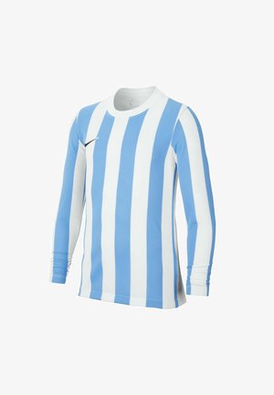 Maillot de sport à manches longues avec des rayures verticales bleues et blanches, encolure ronde et logo Nike sur la poitrine. Fabriqué dans un tissu respirant.