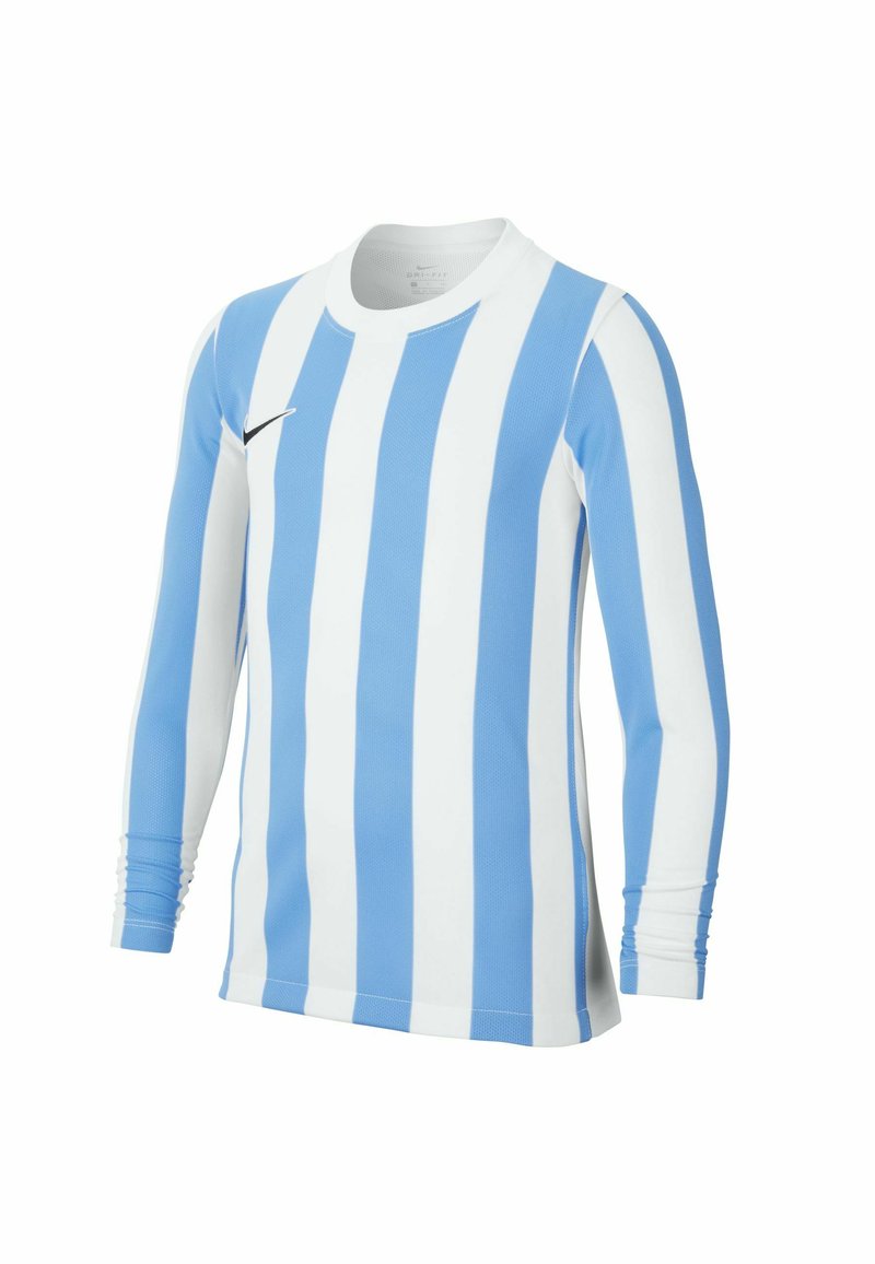 Langärmliges Sporttrikot mit blauen und weißen vertikalen Streifen, Rundhalsausschnitt und Nike-Logo auf der Brust. Aus atmungsaktivem Material gefertigt.