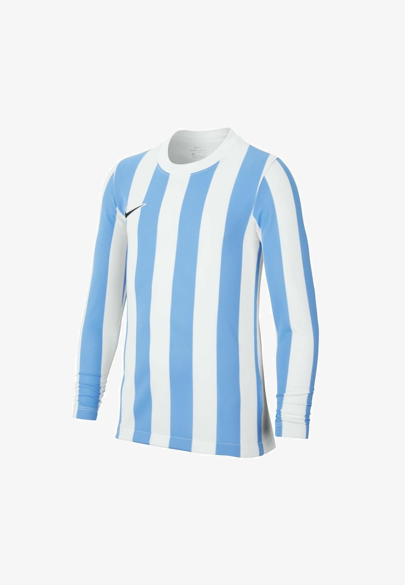 Langärmliges Sporttrikot mit blauen und weißen vertikalen Streifen, Rundhalsausschnitt und Nike-Logo auf der Brust. Aus atmungsaktivem Material gefertigt.