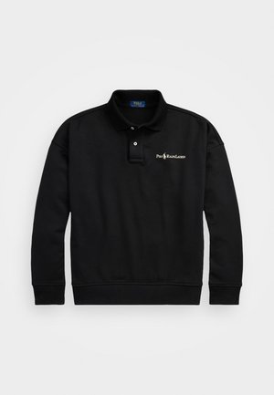 Black long-sleeve polo shirt made of cotton, featuring a collar and two button placket. Embroidered logo on the left chest. Soft texture.
