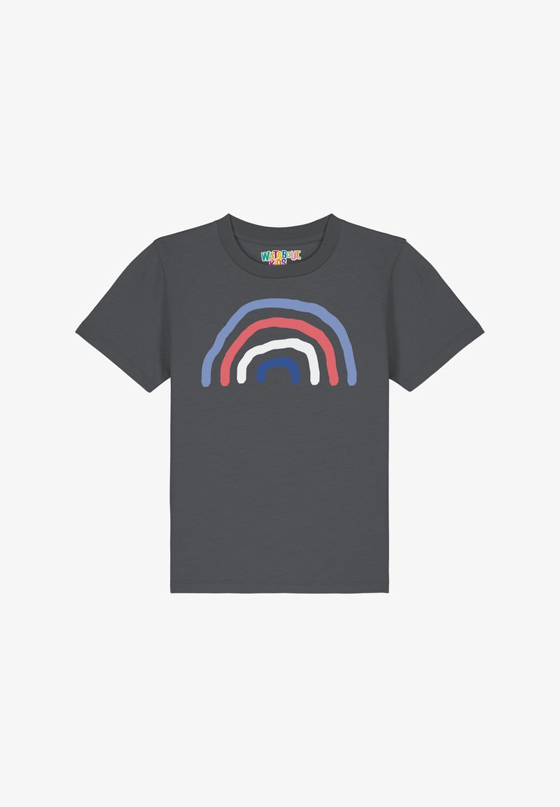 T-shirt en coton gris présentant un motif arc-en-ciel multicolore dans des nuances de bleu, rouge, blanc et un bleu plus foncé au centre. Col rond, manches courtes.