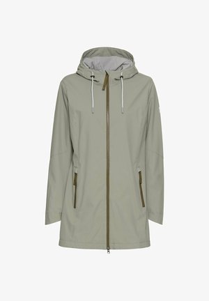 Lys grøn vandafvisende jakke med hætte, fuld frontlynlås, snoretræk og to lynlåslommer på siden. Har en glat overflade og minimalistisk design.