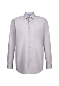 Button-down-Hemd in Hellgrau mit einem subtilen geometrischen Muster, langen Ärmeln, klassischem Kragen und einer einzelnen Brusttasche. Goldene Knöpfe.