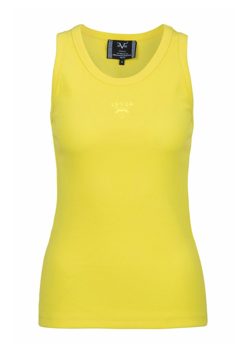 Geel geribde tanktop met een aansluitend ontwerp en brede schouderbanden. Bevat een kleine logo-opdruk in het wit op de voorkant.
