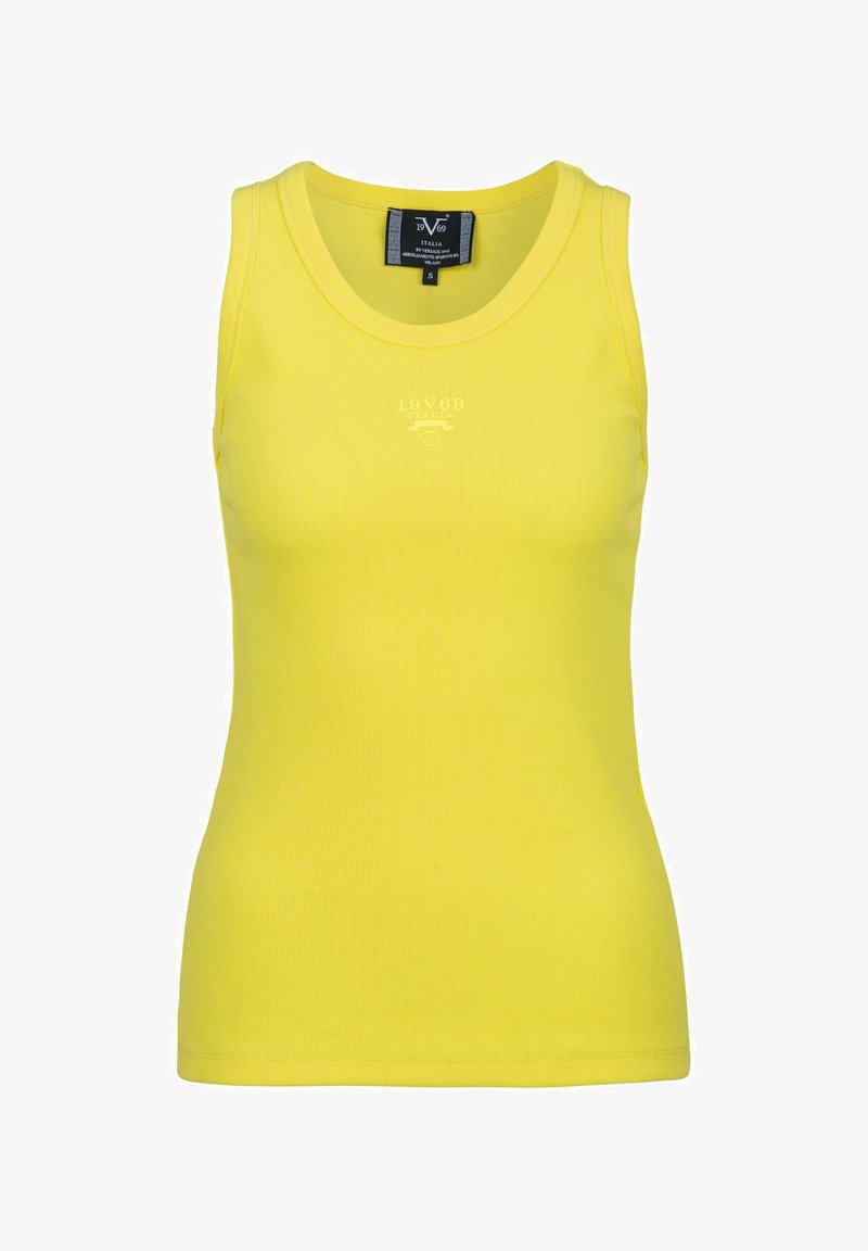 Gelbes, geripptes Tanktop mit figurnahem Schnitt und breiten Trägern. Auf der Vorderseite befindet sich ein kleines Logo in Weiß.