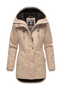 Veste d'extérieur beige avec capuche en fourrure, fermeture éclair à l'avant et fermeture à boutons. Elle comprend deux poches latérales et des poignets élastiques pour plus de chaleur.