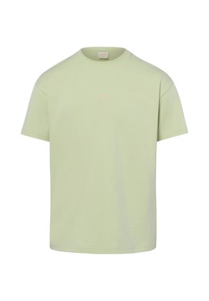 Lichtgroene T-shirt met korte mouwen en ronde hals met een klein, subtiel logo in het midden van de borst en een eenvoudig ontwerp.