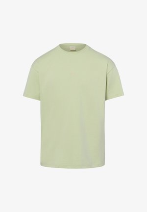 Lichtgroene T-shirt met korte mouwen en ronde hals met een klein, subtiel logo in het midden van de borst en een eenvoudig ontwerp.