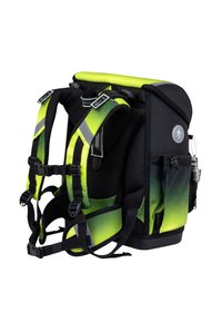 Black and neon green ergonomic backpack with padded straps, adjustable buckles, side pockets, and a top handle.