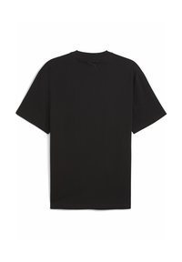 Sort kortærmet T-shirt lavet af bomuld, med rund hals og et logo på bagsiden af halsen. Enkel og udekoreret design.