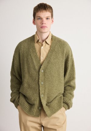 Olive green, fuzzy cardigan with a V-neck, button front, and side pockets; worn over a beige button-up shirt and tan pants.