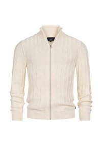 Cremefarbener gestrickter Pullover mit Reißverschluss, geripptem Muster, Stehkragen und langen Ärmeln. Ausgestattet mit einem silbernen Reißverschluss und dezenter Markenkennzeichnung.
