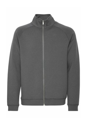 Sweatshirt zippé gris en tissu doux. Présente un col haut et des poignets en côtes, avec une fermeture éclair lisse sur le devant.