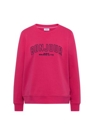 Sweat-shirt rose vif à col rond, manches longues, poignets côtelés, avec l'inscription "BONJOUR PARIS BONJOUR LA VIE" imprimée en noir sur le devant.
