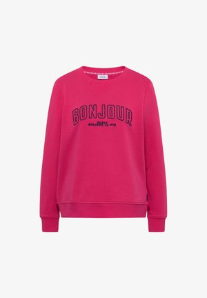 Leuchtend pinkes Sweatshirt mit Rundhalsausschnitt, langen Ärmeln, gerippten Bündchen und dem schwarzen Aufdruck "BONJOUR PARIS BONJOUR LA VIE" vorne.