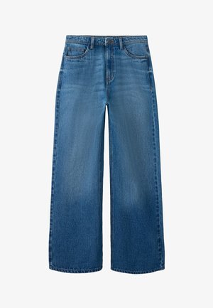 Jeans di denim blu a vita alta con gambe ampie, cinque tasche, chiusura con bottoni e lavaggio sbiadito sulla parte anteriore e sulla parte superiore delle cosce.