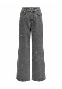 Pantalones vaqueros de pierna ancha en denim negro, adornados con tachuelas plateadas, que presentan una cintura alta y un diseño tradicional de cinco bolsillos.