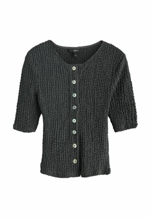Texturált sötétszürke kardigán rövid ujjal, kerek nyakkivágással és hat gombos elülső záródással, világos színű gombokkal.