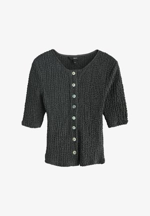 Getailleerd donkergrijs vest met korte mouwen, een ronde hals en een sluiting met zes lichtgekleurde knopen aan de voorkant.