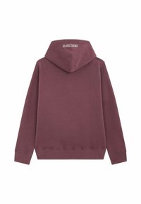 Haut à capuche rouge bordeaux, confectionné en un doux mélange de coton. Présente un logo central dans le dos et des poignets et un ourlet côtelés.