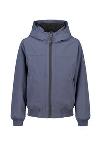 Blue hooded jacket with front zipper, ribbed cuffs and hem, side pockets, and a black fleece-lined collar.