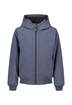 Blauwe capuchonjack met ritssluiting aan de voorkant, ribgebreide boorden en zoom, zijzakken en een zwarte fleece-gevoerde kraag.