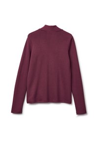 Bordeaux-rotes Langarmshirt mit hohem, gefaltetem Kragen. Hergestellt aus weichem Strickmaterial, das eine glatte Textur und einen locker sitzenden Schnitt aufweist.