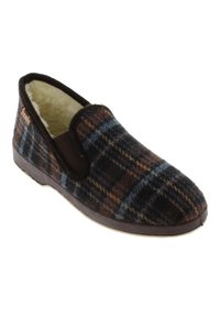 Zapatilla de lana con un patrón a cuadros en marrón, azul y beige. Presenta un forro interior suave y una suela de color marrón oscuro. Diseño de tipo slip-on con elástico en los laterales.