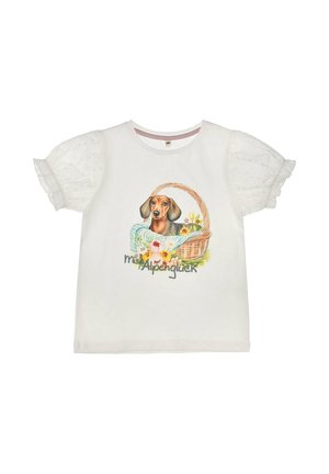 Weißes Kurzarmhemd mit Spitzen-Puffärmeln, das einen Dackel in einem Weidenkorb mit Blumen zeigt und den Text "Miss Alpenglück" trägt.