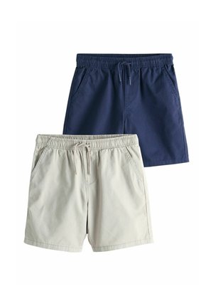 Two pairs of shorts: one navy blue and one light beige. Both have an elastic waistband, drawstring, and side pockets. Cotton material.