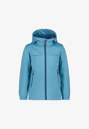 Chaqueta impermeable azul claro con capucha, cremallera frontal completa, dos bolsillos con cremallera y puños elásticos. Tejido suave con un sutil brillo.