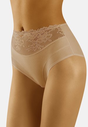 Beige high-waisted onderbroeken met een bloemenkantafwerking aan de tailleband, een gladde stof en een naadloos ontwerp voor comfort en pasvorm.