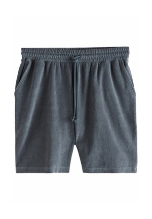 Gray, soft fabric shorts with an elastic waistband, adjustable drawstring, and side pockets; smooth texture and mid-thigh length.