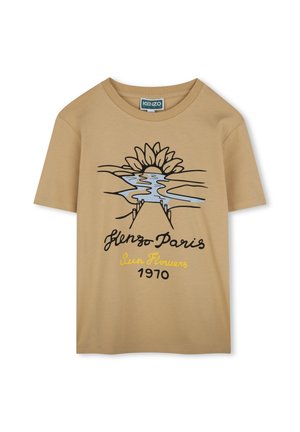 Beige t-shirt gemaakt van katoen, met een zwart en blauw grafisch ontwerp van zonnebloemen en de tekst "Kenzo Parijs Zonnebloemen 1970".